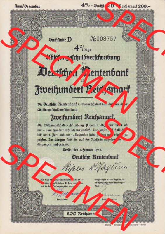 1935 Februar, Deutsche Rentenbank über Zweihundert Reichsmark, Ablösungsschuldverschreibung (1) Sammlung