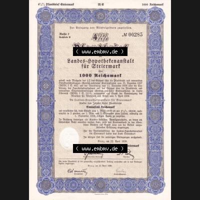 Österreich 1939, Graz, Pfandbrief der Landes-Hypothekenanstalt für Steiermark über 1000 Reichsmark (1) Sammlung