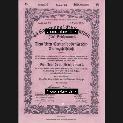 1941, 500 RM Kommunal-Obligation über 500 Reichsmark Deutschen Centralbodenkredit-Aktiengesellschaft Fünfhundert Reichsmark (1) Sammlung