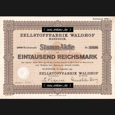 Aktie 1941 Zellstofffabrik Waldhof Mannheim, Stamm-Aktie über 1000 Reichsmark (1) Sammlung