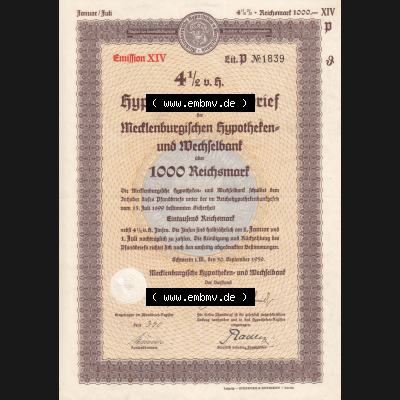 1939 September, 1000 Reichsmark, 4.5 v.H. Hypotheken-Pfandbrief der Mecklenburgischen Hypotheken- und Wechselbank (1) Sammlung