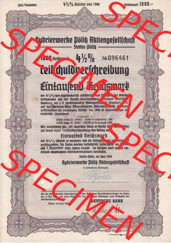 1940, 1000 Reichsmark Hydrierwerke Pölitz Aktiengesellschaft, Stettin-Pölitz (1) Sammlung