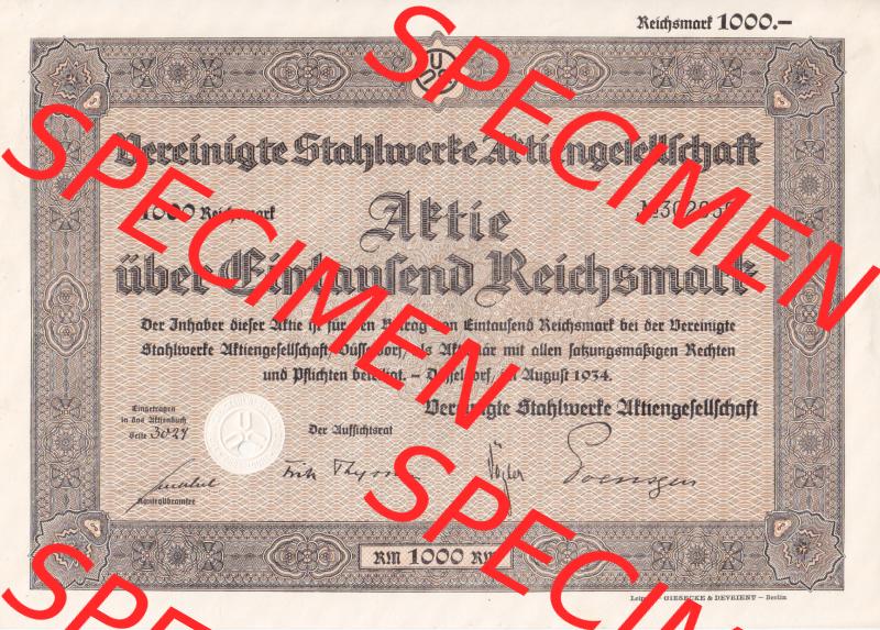 Aktie 1934 Vereinigte Stahlwerke Aktiengesellschaft über Eintausend Reichsmark (1) Sammlung