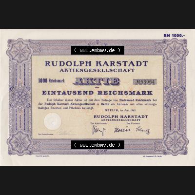1942 Juni, 1000 Reichsmark Rudolph Karstadt Aktiengesellschaft (1) Sammlung