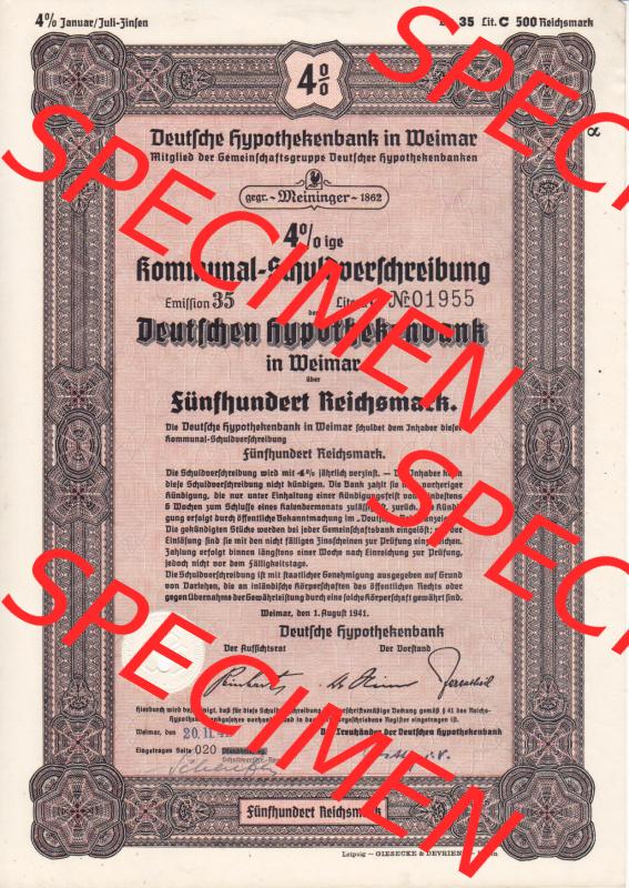 Deutsches Reich 1941, Deutsche Hypothekenbank in Weimar, Kommunal-Schuldverschreibung in Weimar über 500 Reichsmark (1) Sammlung