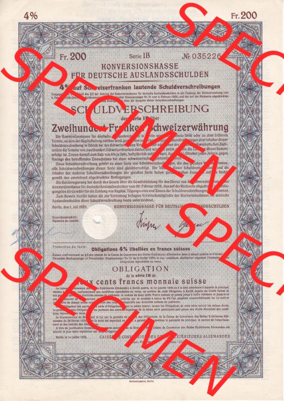 1935, Auslandsschulden, Schuldverschreibung, Zweihundert Franken Schweizerwährung (1) Sammlung