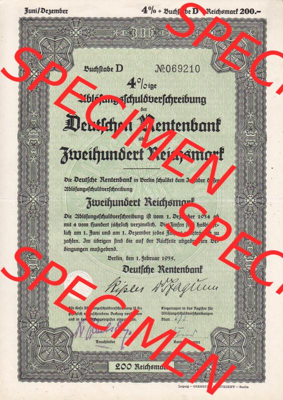 1935, Ablösungsschuld-Verschreibung, Deutschen Rentenbank, Zweihundert Reichsmark (1) Sammlung