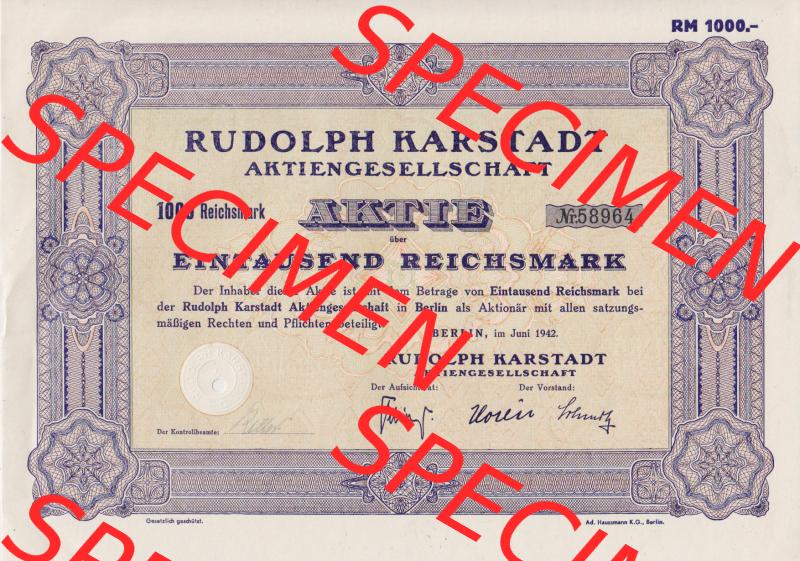 1942 Juni, 1000 Reichsmark Rudolph Karstadt Aktiengesellschaft (1) Sammlung