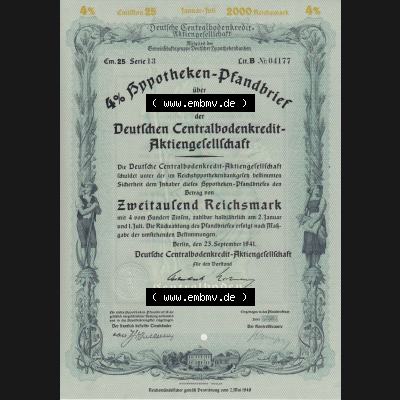 Deutsches Reich 1941 4 Prozent Hypotheken-Pfandbrief über 2000 Reichsmark Deutschen Centralbodenkredit-Aktiengesellschaft Zweitausend Reichsmark (1) Sammlung