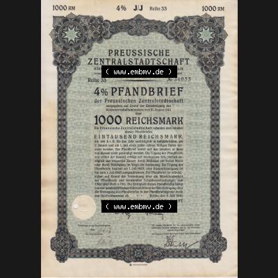 1941 Juni, Preussische Zentralstadtschaft, Körperschaft des Öffentlichen Rechts, Berlin, 4 Prozent Pfandbrief, 1000 Reichsmark (1) Sammlung