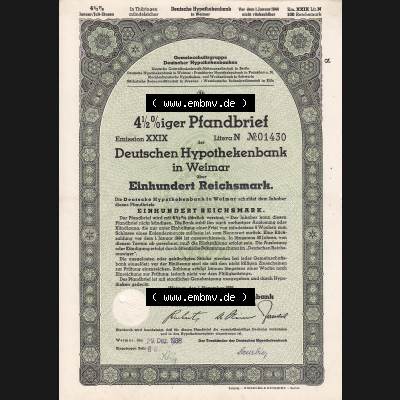 1938, grün Deutschen Hypothekenbank in Weimar Einhundert Reichsmark (1) Sammlung