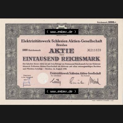 Deutsches Reich 1938, Elektrizitätswerk Schlesien Aktien-Gesellschaft, Eintausend 1000 Reichsmark (1) Sammlung