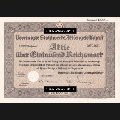 Aktie 1934 Vereinigte Stahlwerke Aktiengesellschaft über Eintausend Reichsmark (1) Sammlung