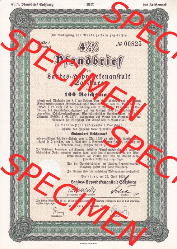 Österreich 1939, Reihe 1, Buchstabe D, 4.5 Prozent Pfandbrief, Zur Anlegung von Mündelgeldern zugelassen, Landes-Hypothekenanstalt (1) Sammlung
