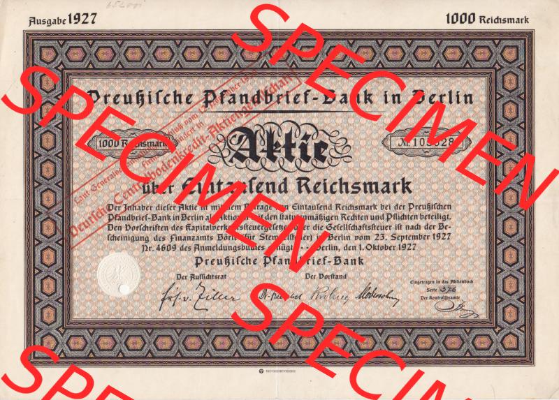 Aktie 1927 Preußische Pfandbrief-Bank in Berlin, Aktie über Eintausend Reichsmark (1) Sammlung