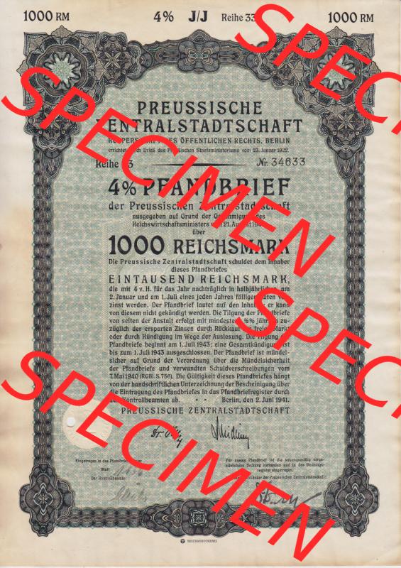 1941 Juni, Preussische Zentralstadtschaft, Körperschaft des Öffentlichen Rechts, Berlin, 4 Prozent Pfandbrief, 1000 Reichsmark (1) Sammlung