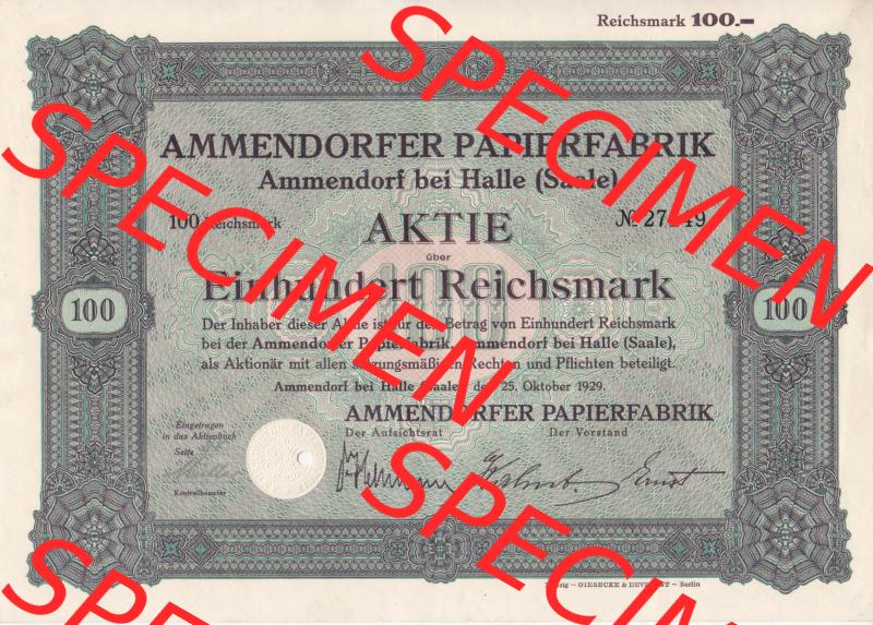 Aktie 1929 Ammendorfer Papierfabrik Ammendorf bei Halle (Saale), Einhundert Reichsmark (1) Sammlung