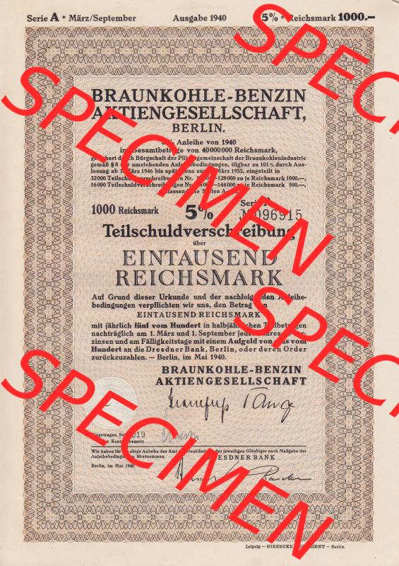 1940 Mai Berlin, Braunkohle-Benzin Aktiengesellschaft Berlin, 5 Prozent Anleihe von 1940, 1000 Reichsmark (1) Sammlung