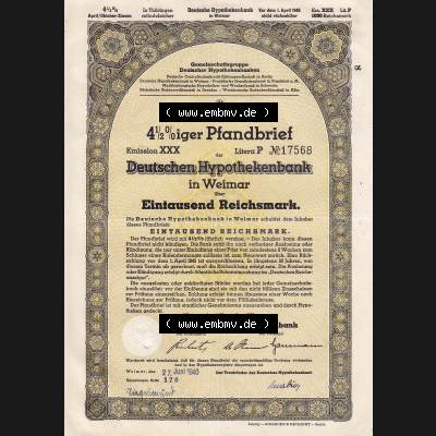 1939, gelb Deutschen Hypothekenbank in Weimar Eintausend Reichsmark (1) Sammlung