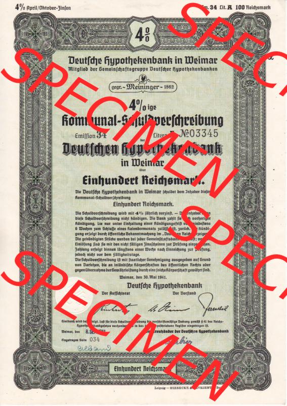 Deutsches Reich 1941, Deutsche Hypothekenbank in Weimar, Kommunal-SChuldverschreibung über Einhundert Reichsmark 4 Prozent (1) Sammlung