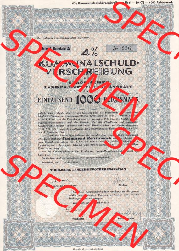 Österreich 1940, Tirol Kommunalschuldverschreibung, Tirolische Landes-Hypothekenanstalt über Eintausend 1000 Reichsmark (1) Sammlung