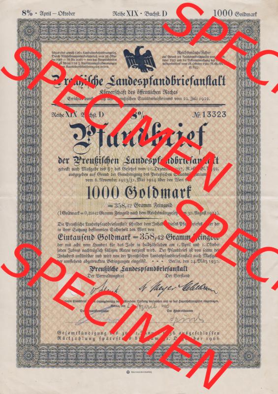 1930 März, Preußische Landespfandbriefanstalt, 8 Prozent Pfandbrief mit Wert von 1000 Goldmark (1) Sammlung
