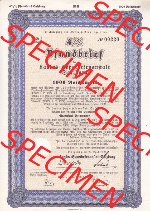 Österreich 1939, Salzburg Pfandbrief über 1000 Reichsmark, Reihe 1, Buchstabe B, Landes-Hypothekenanstalt Salzburg (1) Sammlung