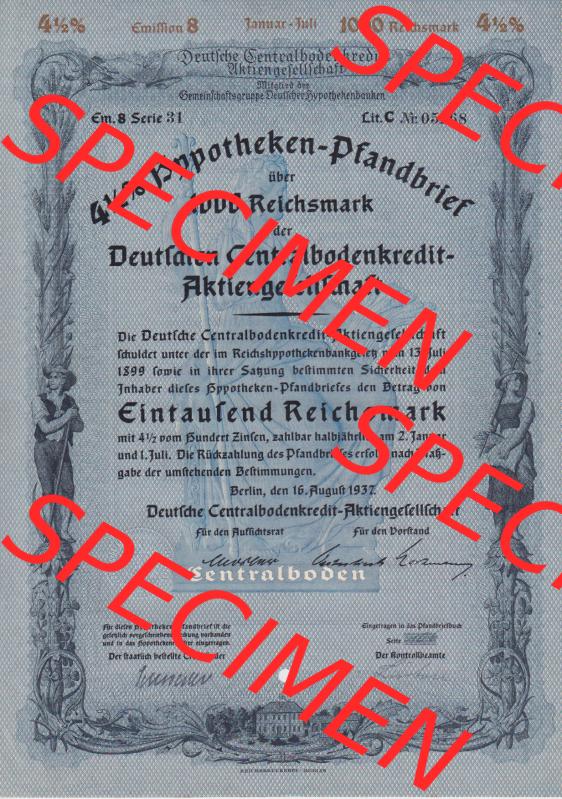 1937, 1000 Reichsmark Deutschen Centralbodenkredit-Aktiengesellschaft 1000 RM Hypotheken-Pfandbrief Eintausend Reichsmark (1) Sammlung