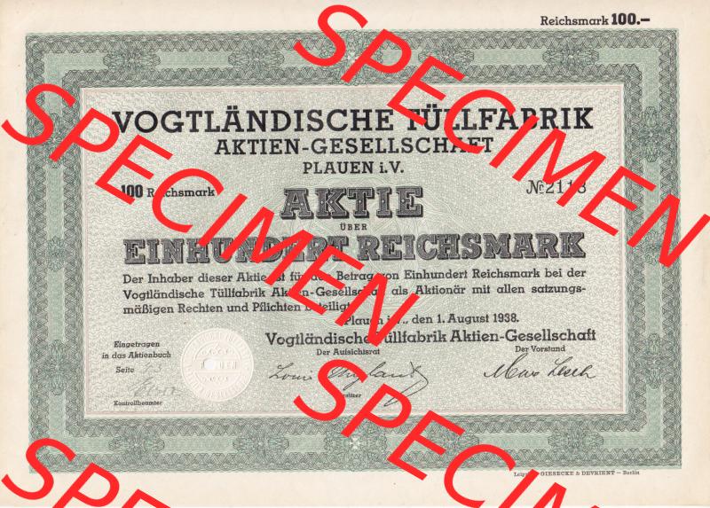 Aktie 1938 Vogtländische Tüllfabrik, Plauen i.V. über Einhundert Reichsmark (1) Sammlung