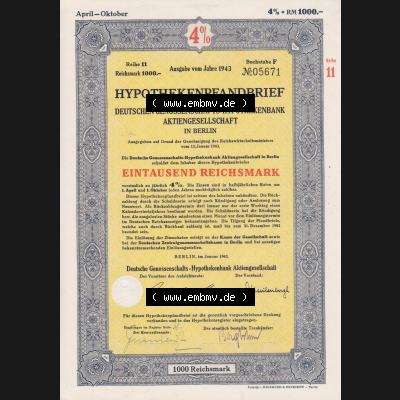 Deutsches Reich 1943 Hypotheken-Pfandbrief, 1000 RM der Deutschen Genossenschaft-Hypothekenbank Aktiengesellschaft in Berlin (1) Sammlung