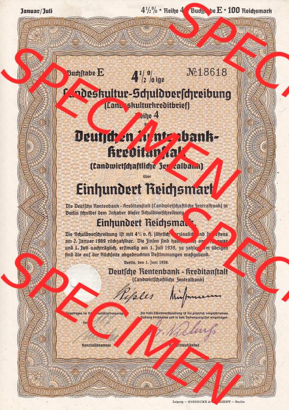 1939, Deutsche Rentenbank-Kreditanstalt, Landeskultur-Schuldverschreibung 100 Reichsmark (1) Sammlung