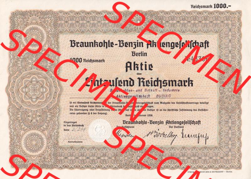 1936, Aktie Braunkohle-Benzin Aktiengesellschaft Berlin, 1000 Reichsmark, Braunkohle und Briket Industrie (1) Sammlung