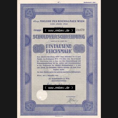 Österreich 1940, Wien, Anleihe des Reichsgäues Wien, Schuldverschreibung auf Eintausend 1000 Reichsmark (1) Sammlung