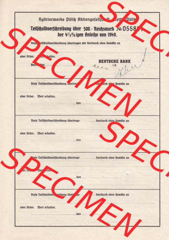 1940, 500 Reichsmark Hydrierwerke Pölitz Aktiengesellschaft, Stettin-Pölitz (2) Sammlung