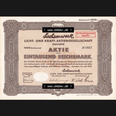 Aktie 1935 Sachsenwerk Licht- und Kraft-Aktiengesellschaft Dresden, Eintausend Reichsmark (1) Sammlung