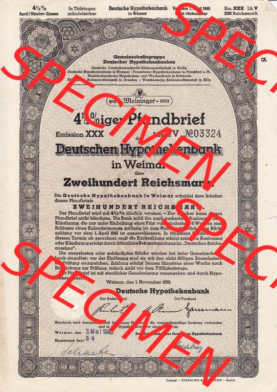 1939, grau Deutschen Hypothekenbank in Weimar Zweihundert Reichsmark (1) Sammlung