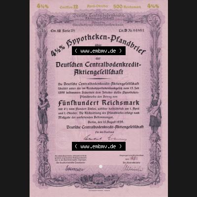 1939, 500 RM Hypotheken-Pfandbrief über 500 Reichsmark Deutschen Centralbodenkredit-Aktiengesellschaft Fünfhundert Reichsmark, 4,5 Prozent (1) Sammlung