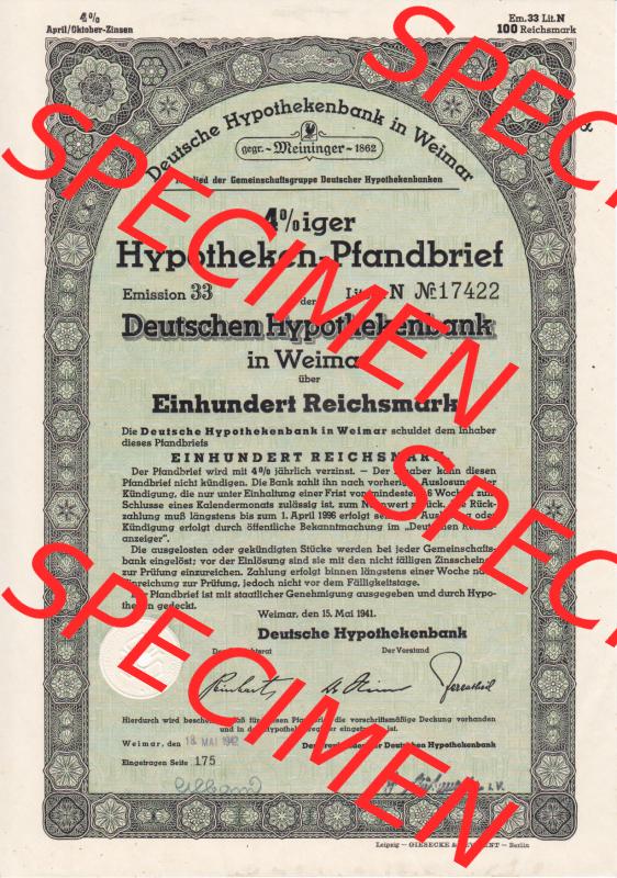 Deutsches Reich 1941, Weimar Hypotheken-Pfandbrief Deutschen Hypothekenbank in Weimar über Einhundert Reichsmark (1) Sammlung