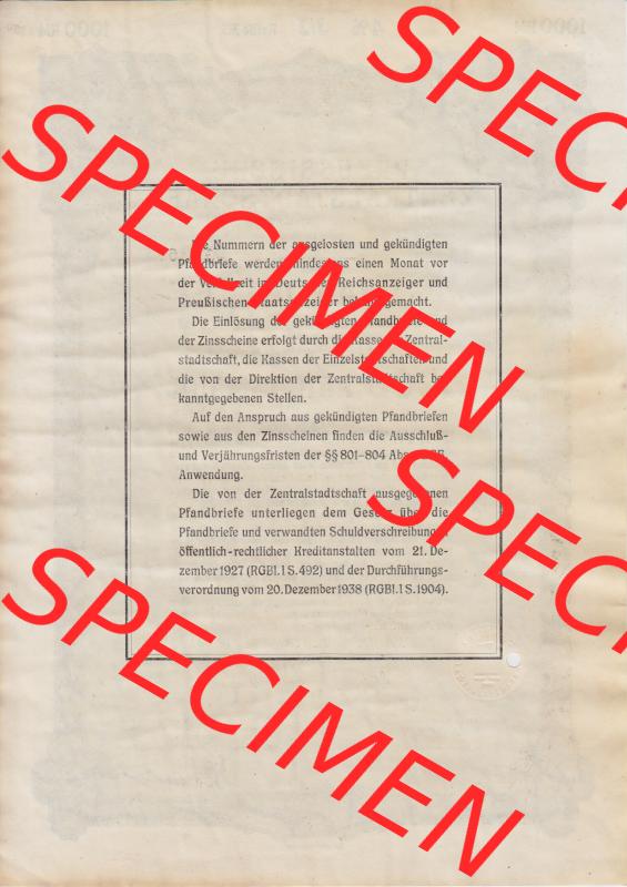 1941 Juni, Preussische Zentralstadtschaft, Körperschaft des Öffentlichen Rechts, Berlin, 4 Prozent Pfandbrief, 1000 Reichsmark (2) Sammlung