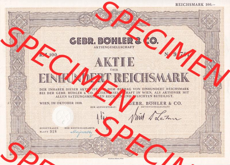 Aktie 1939, Gebr. Böhler und Co., Aktiengesellschaft, 100 Einhundert Reichsmark (1) Sammlung