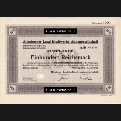 Aktie 1925 Altenburger Land-Kraftwerke Aktiengesellschaft, Stamm-Aktie über Einhundert Reichsmark (1) Sammlung