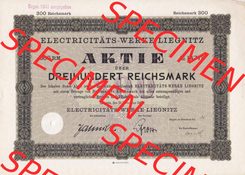 Aktie 1927 Electricitäts-Werke Liegnitz, Dreihundert Reichsmark (1) Sammlung