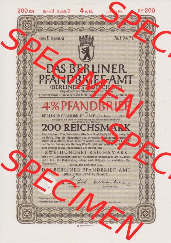Deutsches Reich 1942, Das Berliner Pfandbrief-Amt 4 Prozent Berliner Stadtschaft 200 Zweihundert Reichsmark (1) Sammlung
