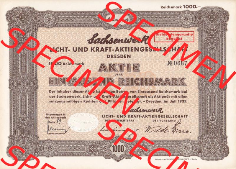 Aktie 1935 Sachsenwerk Licht- und Kraft-Aktiengesellschaft Dresden, Eintausend Reichsmark (1) Sammlung