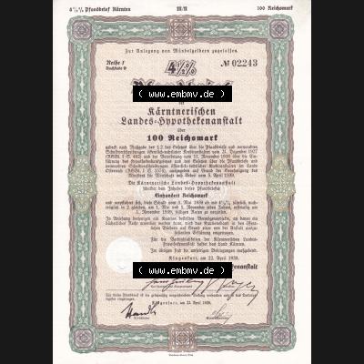 Österreich 1939, Pfandbrief, Kärntnerischen Landes-Hypothekenanstalt über 100 Reichsmark (1) Sammlung