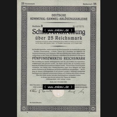 1926 Auslosungsschein, Fünfundzwanzig Reichsmark, Schuldverschreibung Deutsche Kommunal-Sammel-Ablösungsanleihe (2) Sammlung