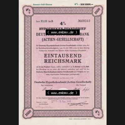 Deutsches Reich 1942, Hypotheken-Pfandbrief, Deutsche Hypothekenbank Actien-Gesellschaft, 1000 Eintausend RM Reichsmark (1) Sammlung