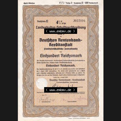 1938, Deutsche Rentenbank Landeskultur-Schuldverschreibung Einhundert Reichsmark (1) Sammlung