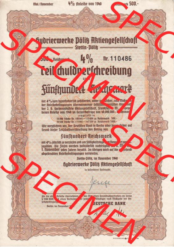1940, November 500 Reichsmark Hydrierwerke Pölitz Aktiengesellschaft, Stettin-Pölitz (1) Sammlung