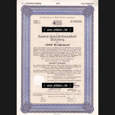Österreich 1939, Salzburg Pfandbrief über 1000 Reichsmark, Reihe 1, Buchstabe B, Landes-Hypothekenanstalt Salzburg (1) Sammlung